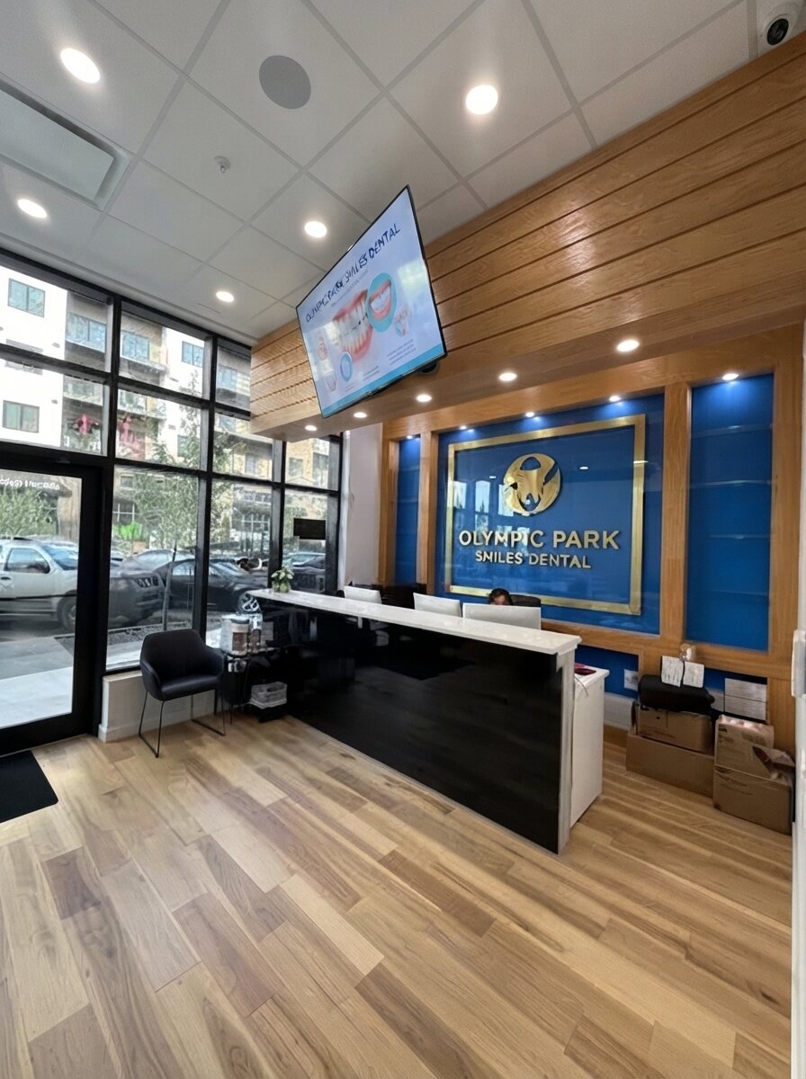 Front desk and waiting area inside Olympic Park Smiles Dental in Calgary
