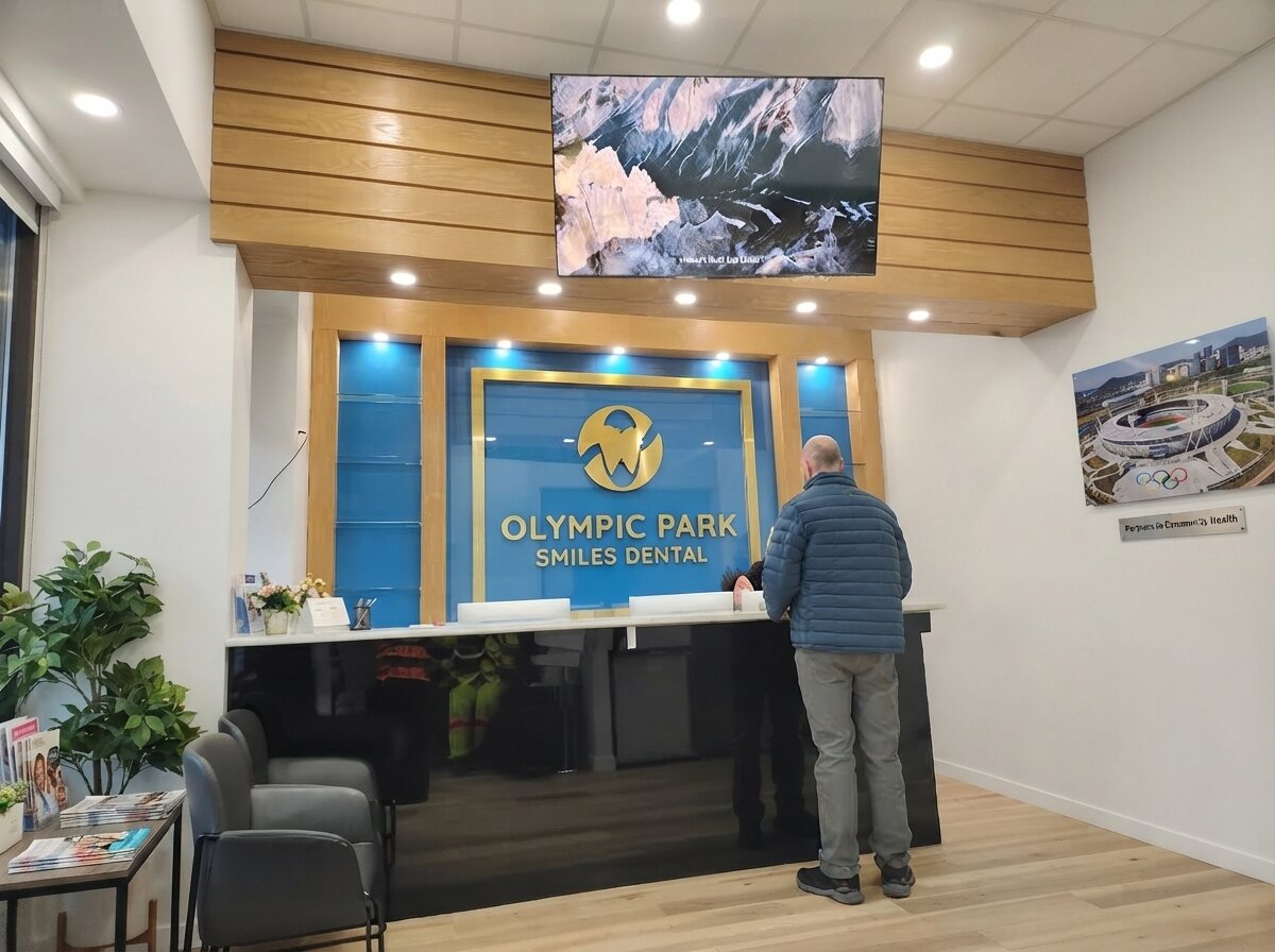 Patient checking in at the front desk of Olympic Park Smiles Dental in Calgary, AB