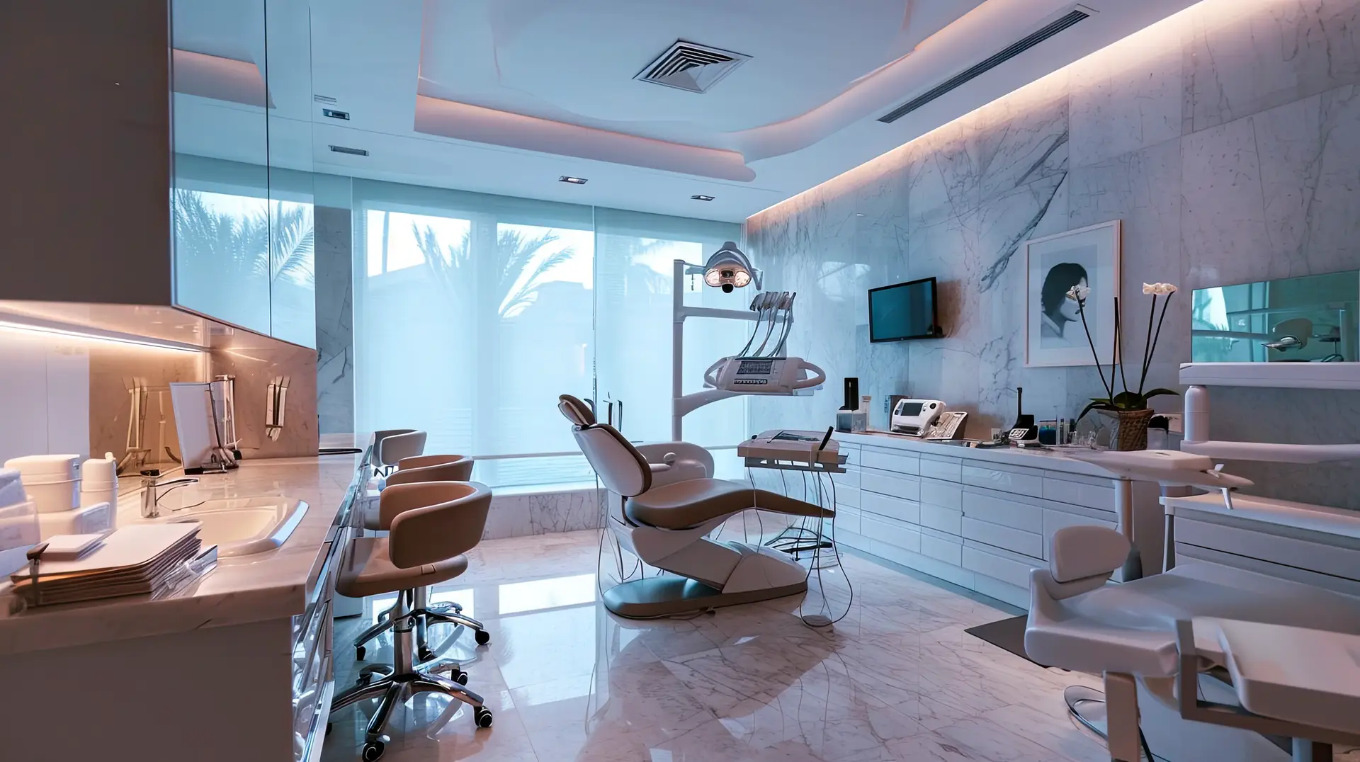 Bright, modern dental treatment room with a patient chair and overhead light